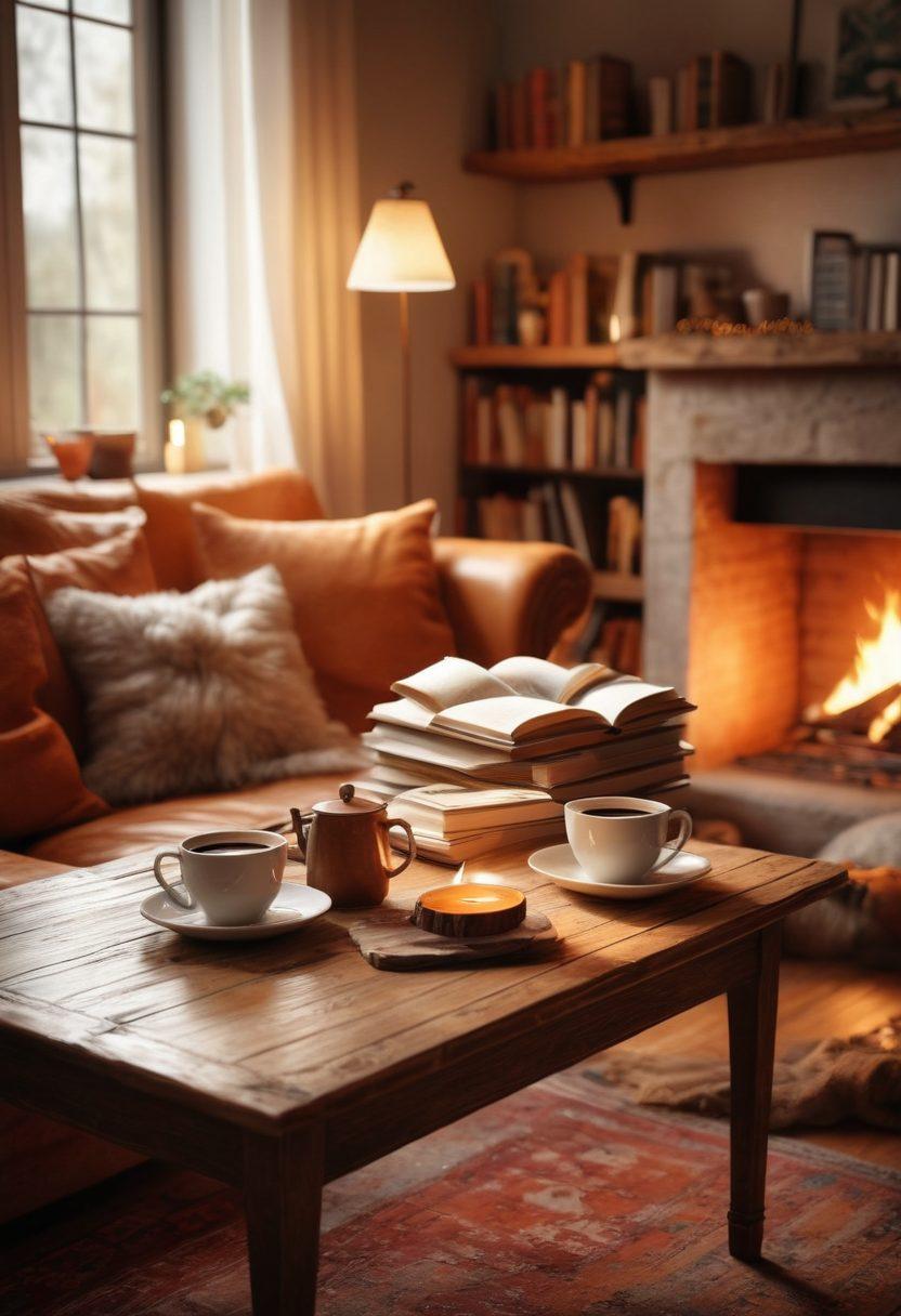 A warm and inviting scene depicting a cozy living room filled with soft, glowing light. There are open books with heartwarming stories on a rustic coffee table, surrounded by heartfelt notes and a steaming cup of tea. A couple is sitting on a comfortable sofa, engaged in an intimate conversation, radiating passion and connection. Include soft textures and a welcoming atmosphere. super-realistic. warm colors. 3D.