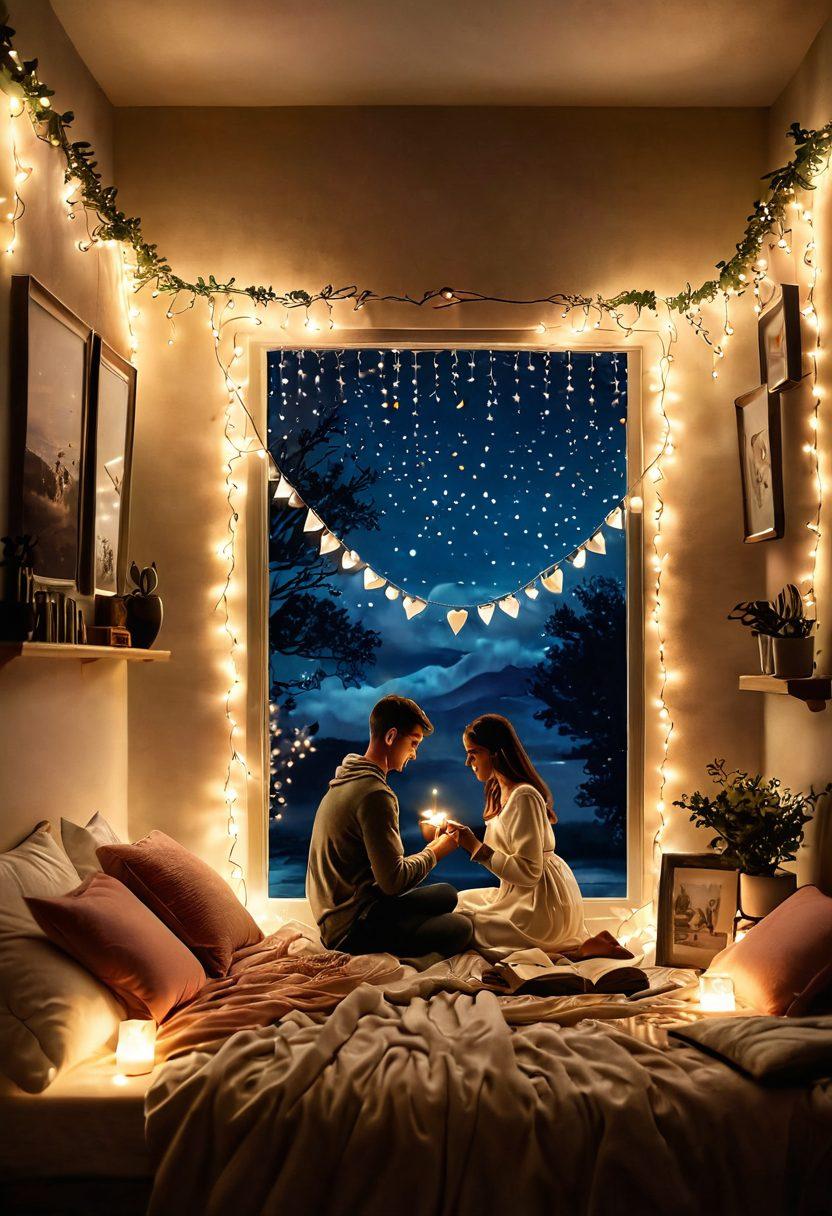 A beautifully illustrated scene depicting a couple on a cozy date night under twinkling fairy lights, transitioning into a heartwarming moment of deep connection, symbolized by a glowing heart. Surround the couple with elements representing their journey together, such as photographs, love letters, and candles, blending into a surreal transition towards devotion. Soft, romantic colors with a dreamy atmosphere. painting. vibrant colors.