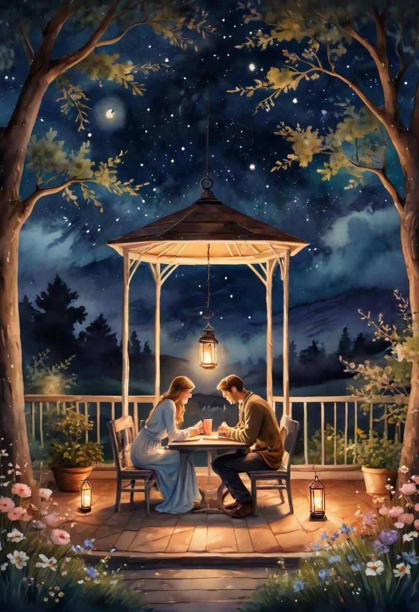 A cozy, romantic setting featuring a couple sharing a heartfelt moment under a twinkling starry night sky, surrounded by soft candlelight and blooming flowers. Include elements like a heart-shaped lantern and a handwritten love letter on a vintage table. The atmosphere should evoke warmth, intimacy, and connection. watercolor illustration. warm colors. soft glow.